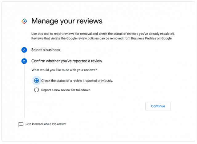 Screenshot: Flag Google review as inappropriate